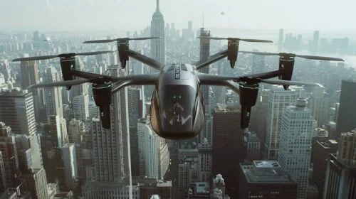 eVTOL, electric aircraft flying over a city